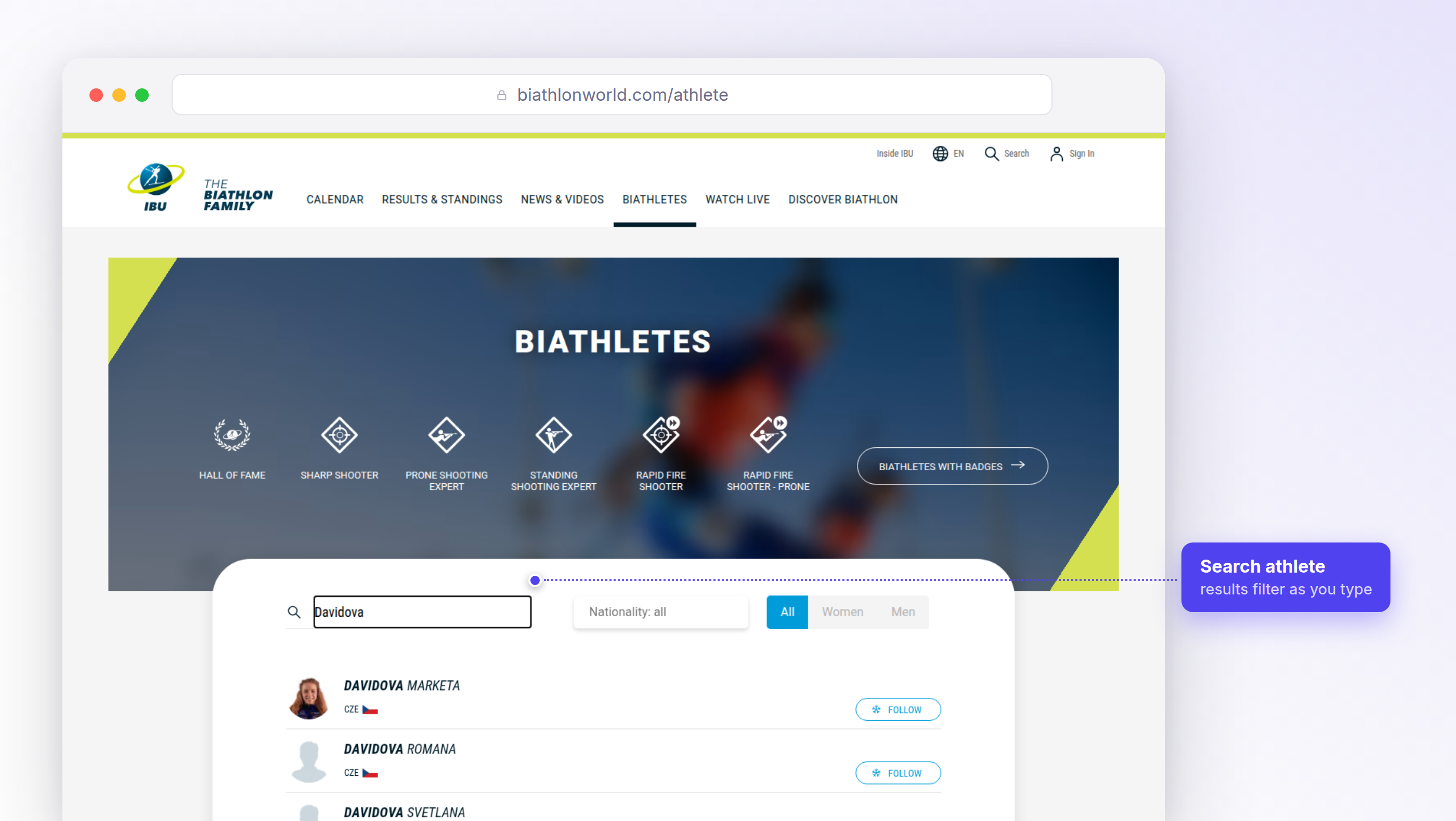 The Biathletes page on biathlonworld.com with 'Davidova' typed into the Search athlete field and three Davidovas appearing in the results