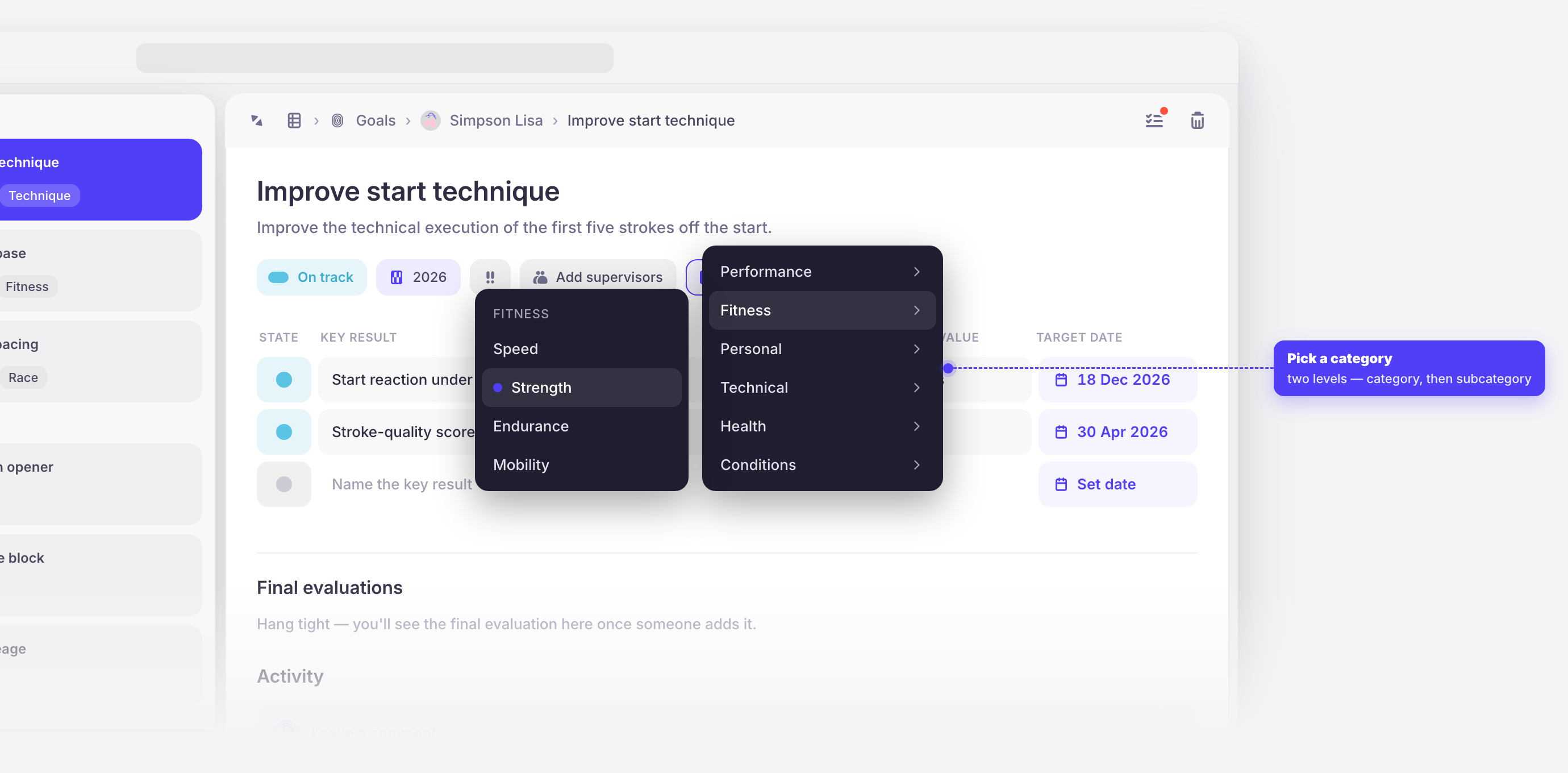 The category menu open, showing top-level categories such as Performance, Fitness, Personal, Technical, Health, and Conditions, each with a submenu.