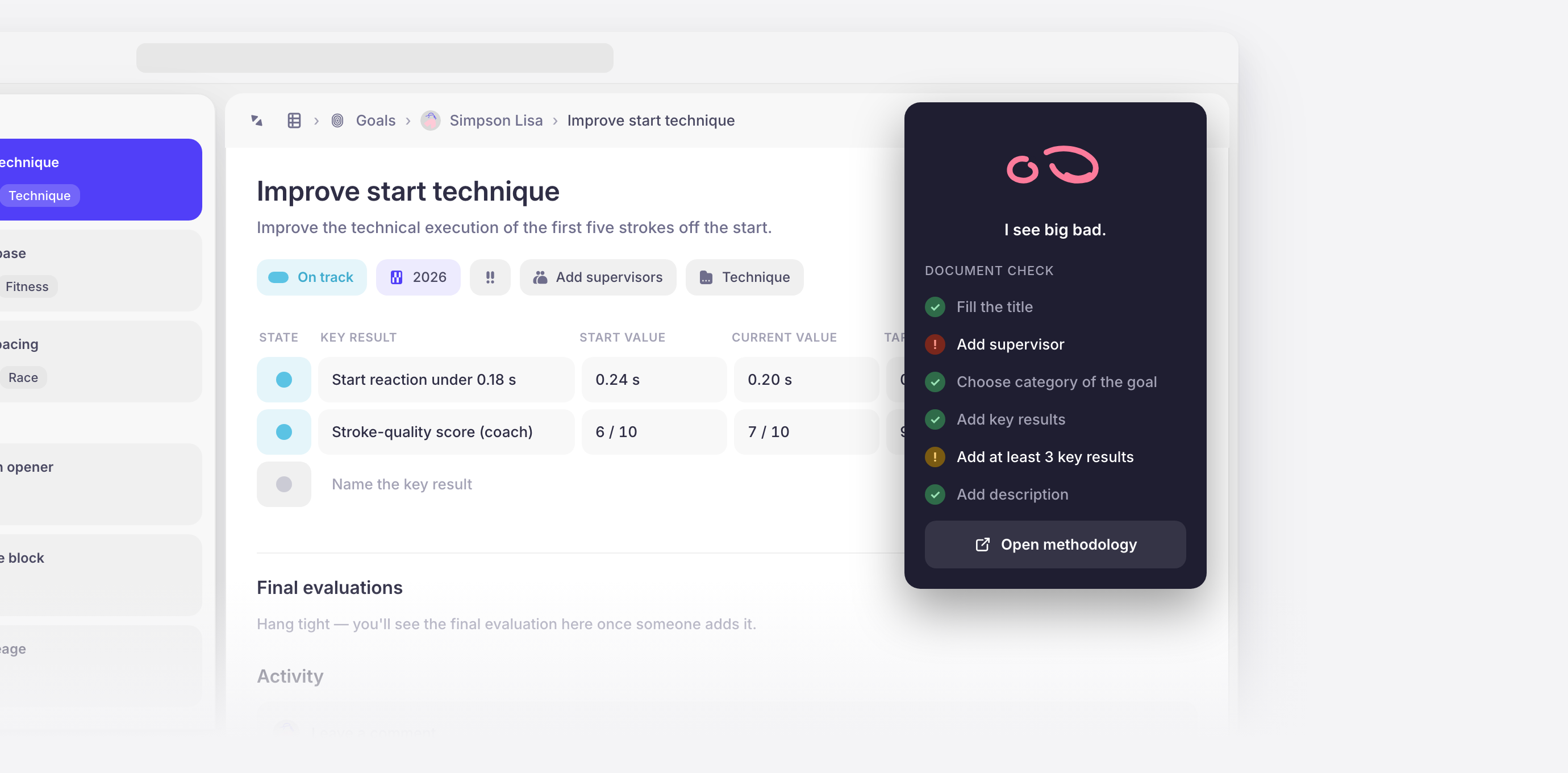 The Document check panel listing items to complete on a goal — fill the title, add a supervisor, choose a category, add key results — marked as required or recommended, with a link to open the methodology.